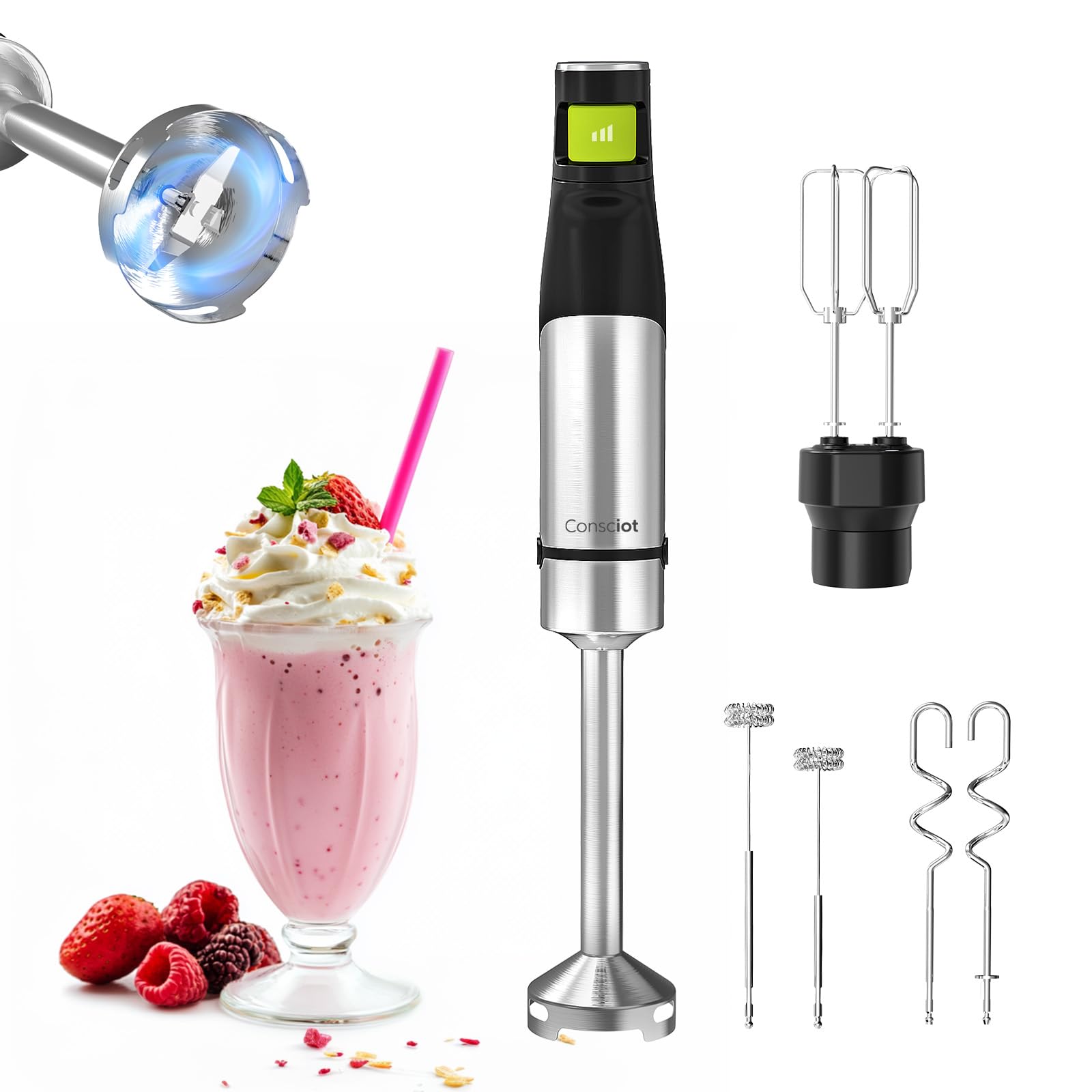 Consciot 4-in-1 Immersion Blender Handheld Max 1100W, Corded Stick Emulsifier with Entire Stainless Steel Blender Shaft, Trigger