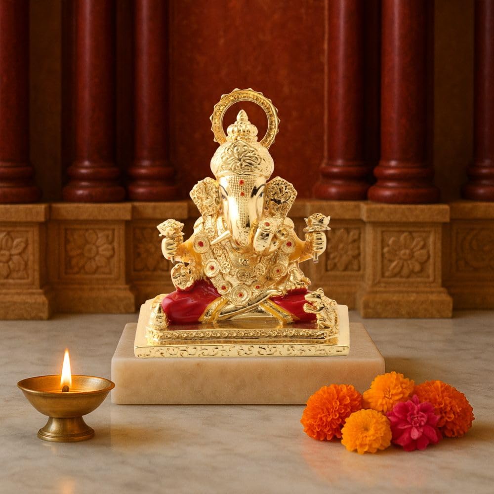 Aarya24Kt Gold Plated Square Base Dagdusheth Ganpati | Ganesh Idol For Car Dashboard, Office Desk,Home Temple & Business Success