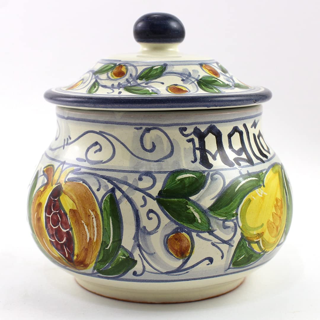 Ceramiche Rampini Hand Painted Italian Ceramic Garlic Jar - Multicolor, Handmade in Gubbio, Garlic Keeper, Made in Italy