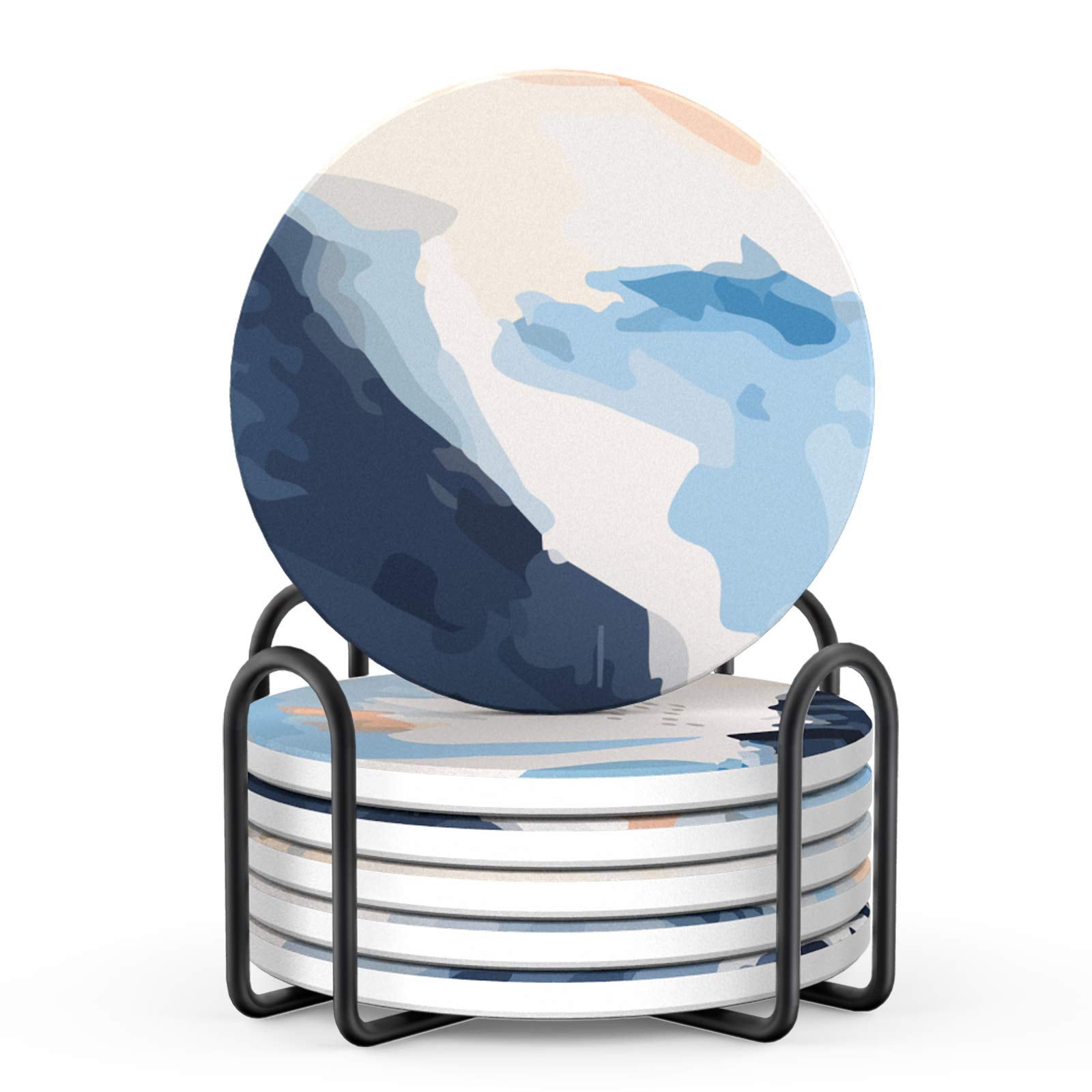 Lifver Absorbent Drink Coasters With Holder, Set Of 6 Ceramic Coasters Set With Cork Base, For Kinds Of Drinking Glasses, 4 Inch