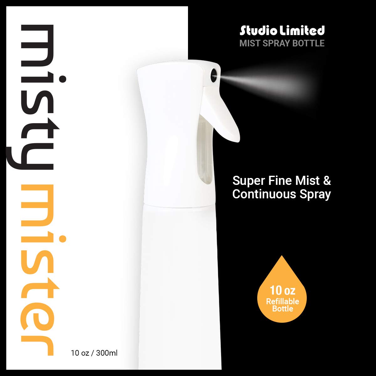 Studio Limited Hair Spray Bottle 10 Oz, Continous Water Mister Spray Bottle, Refillable Fine Mist For Hair Styling, Gardening, C