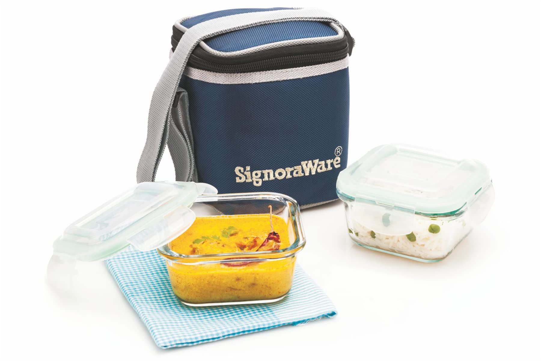 SignoraWare Director High Microwave Safe Office Lunch Box Set with Bag | Borosilicate Glass | Safety Lock Airtight Tiffin Contai