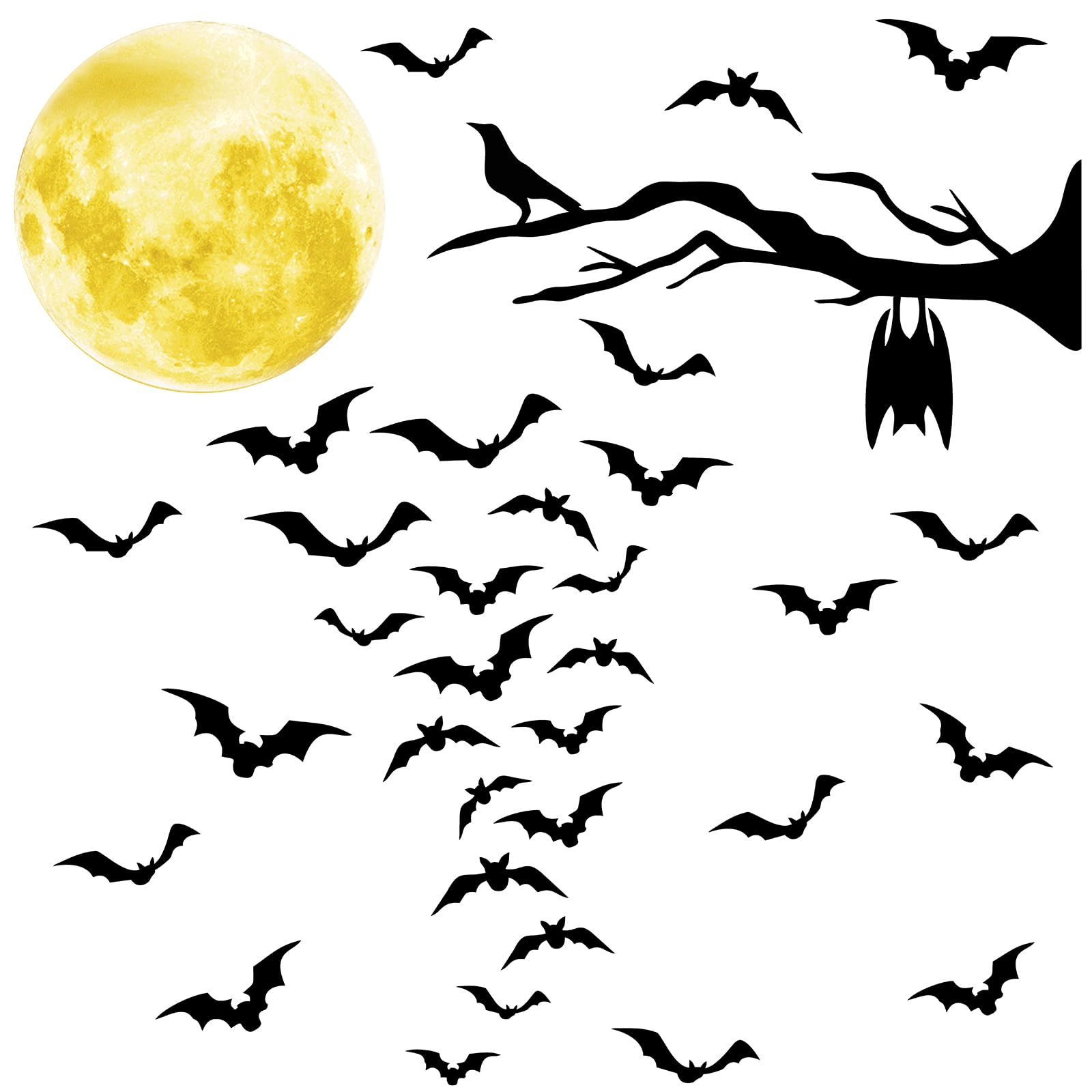 Halloween Moon Bat Wall Stickers Tree Branch Wall Decals Black Crow Vinyl Bat Wall Decals Peel And Stick Halloween Moon Wall Sti