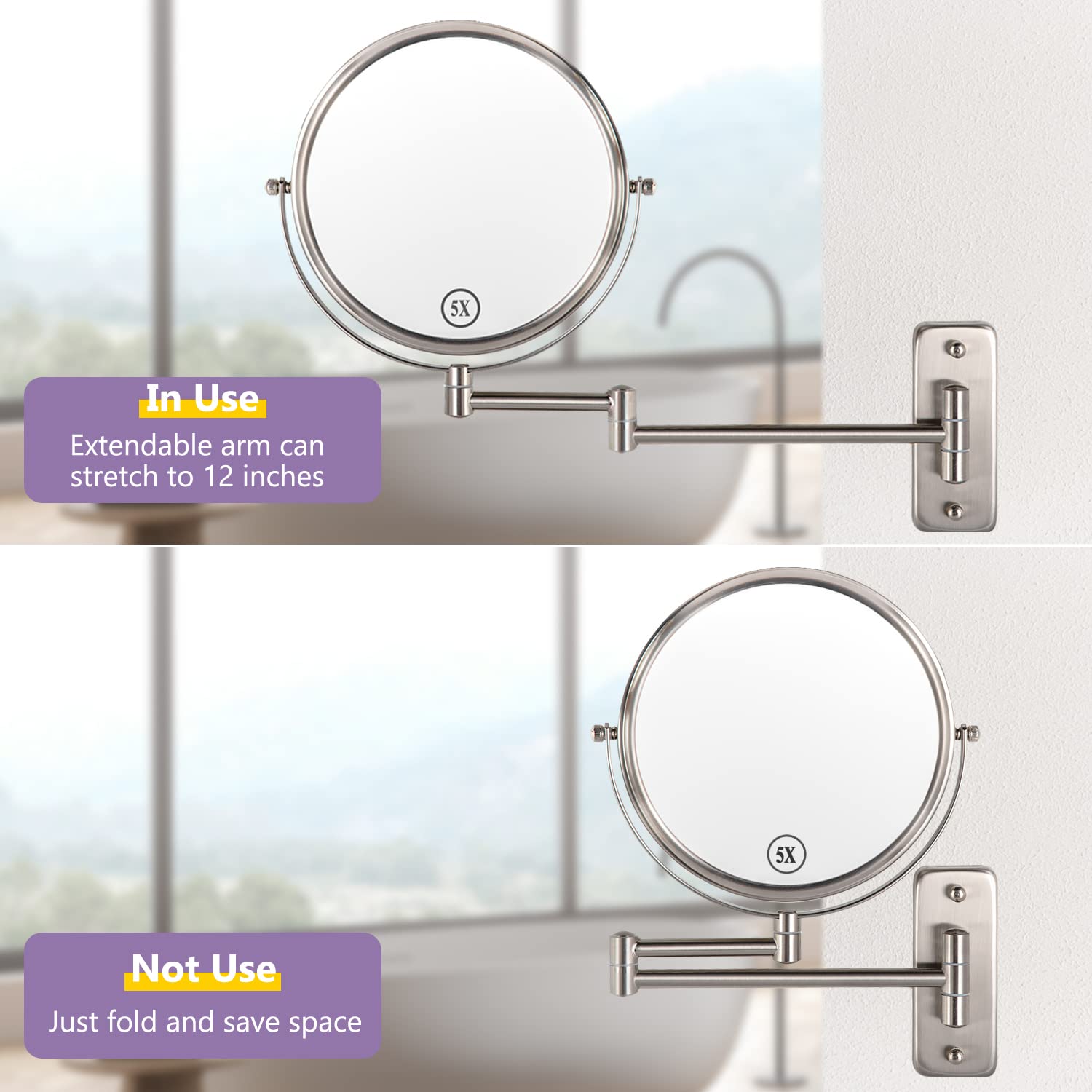 ALHAKIN Wall Mounted Makeup Mirror  1X/5X Magnifying Mirror Double Sided  8 Inch Extendable Bathroom Mirror for Shaving  Nickel