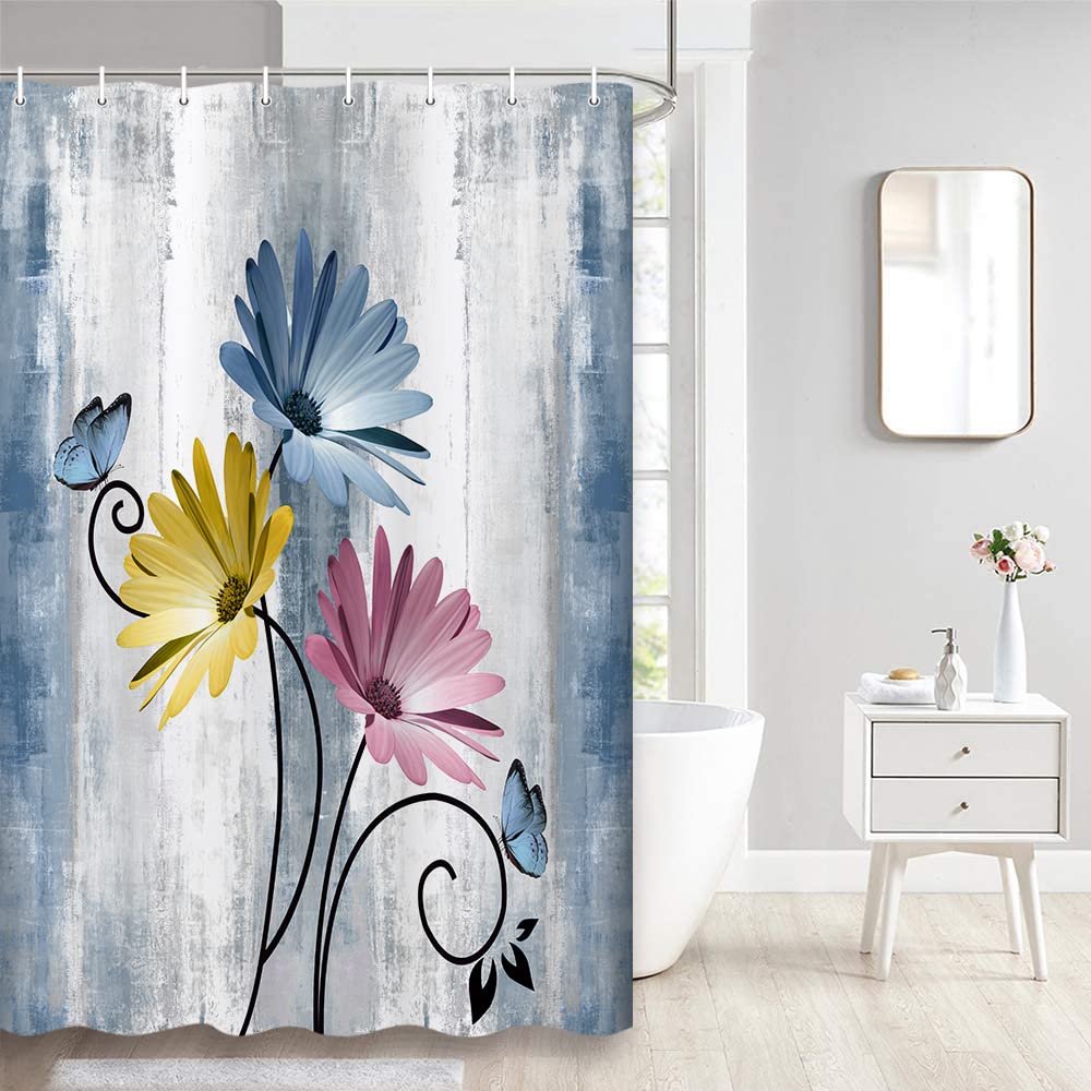 VeiVian Rustic Farmhouse Shower Curtain, Blue Daisy Floral, 36"x70", Polyester, Includes 6 Hooks