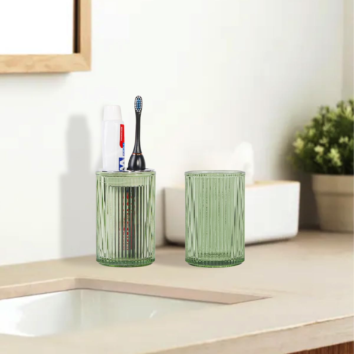 Tonxus Green Toothbrush Holders for Bathrooms, 2pcs Glass Toothbrush Holder and 12oz Bathroom Tumbler Cup Set, Silver Tooth Brus