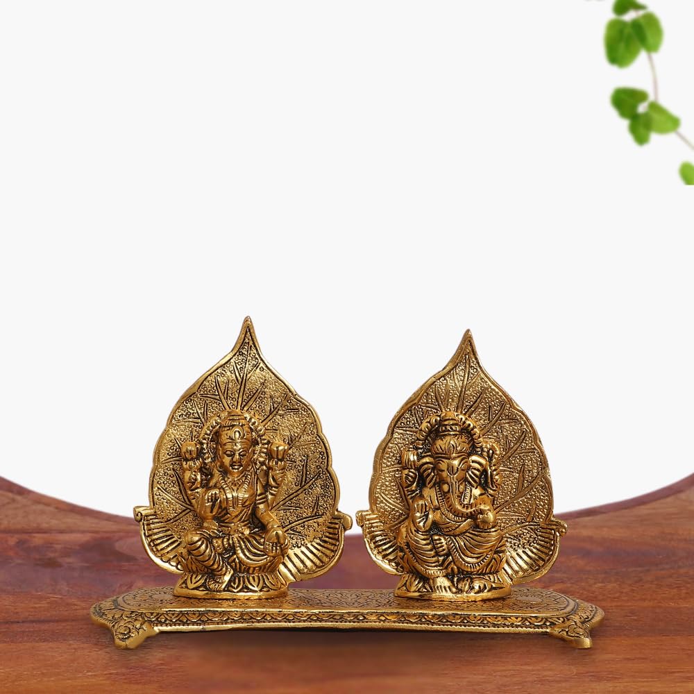 Smiles Gift Gold Plated Patta Laxmi Ganesh Idol Statue | Aluminium Figurines | For Pooja, Mandir, Temple & Return Gift Showpiece