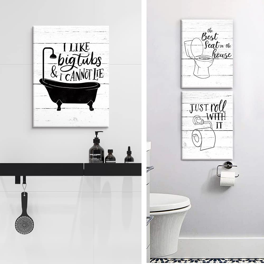 Funny Bathroom Canvas Wall Art Black And White Toilet Bathtub Bath Set Poster Print 3 Pieces Bathroom Quotes Painting Retro Wood