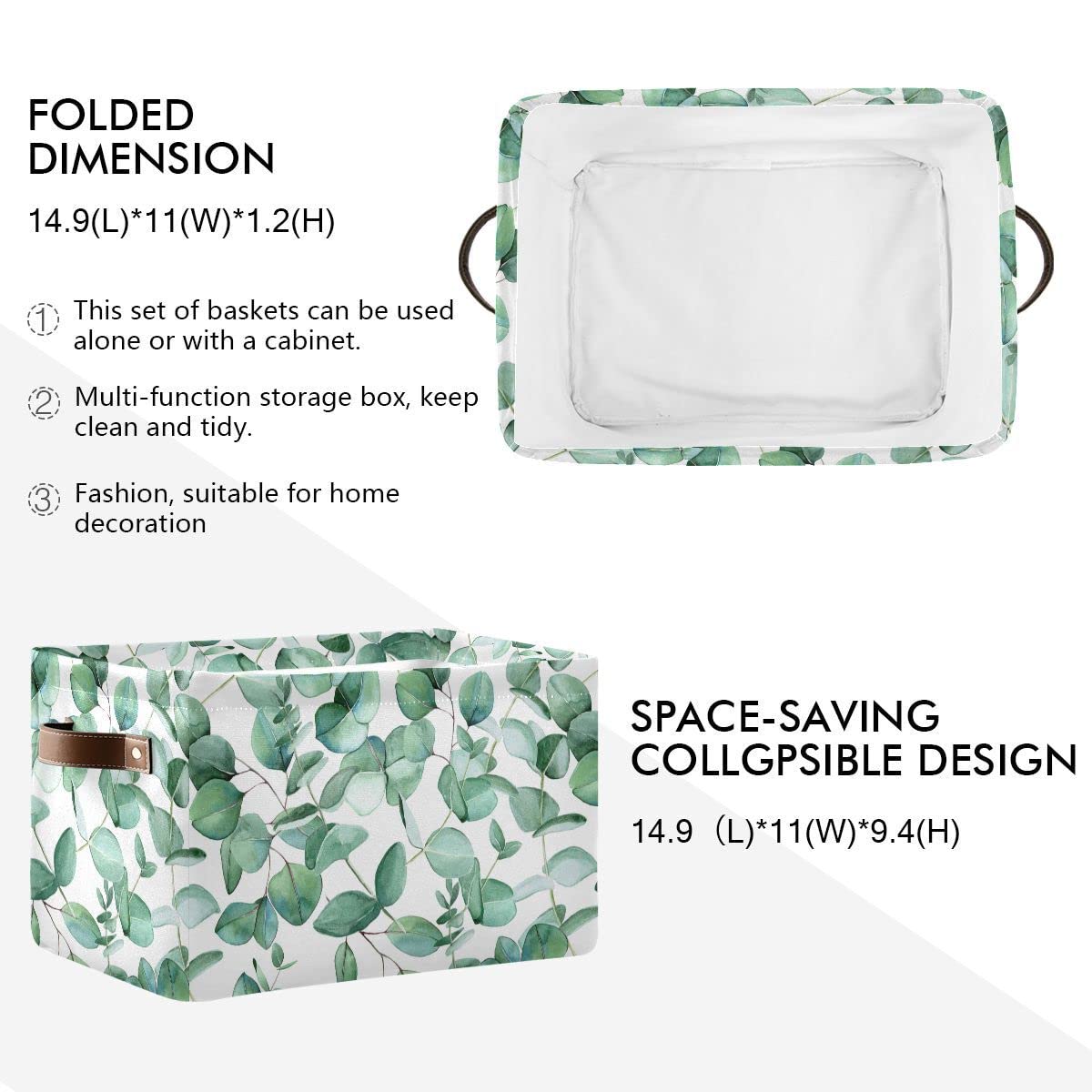 Xigua Green Leaves Storage Basket Collapsible Toy Storage Bins Waterproof Canvas Storage Basket With Leather Handles For Home Cl