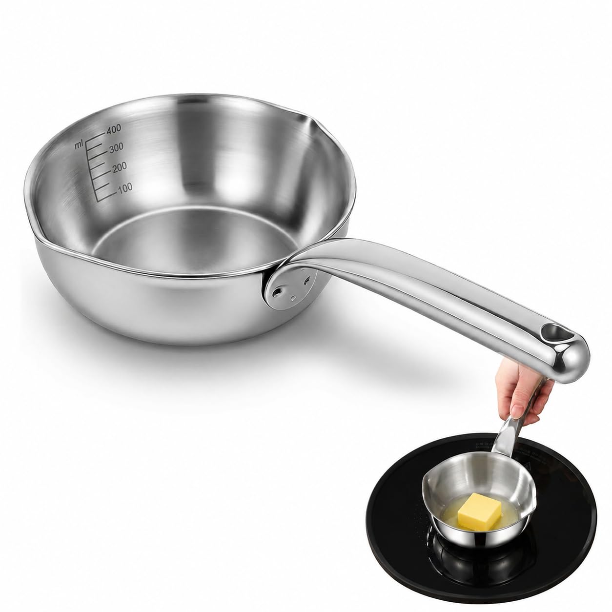18/10 Stainless Steel Butter Warmer with Round Handle, 13.5 fl oz (400ml) Mini Saucepan for Milk, Butter, Sauces, Baby Food, Cof