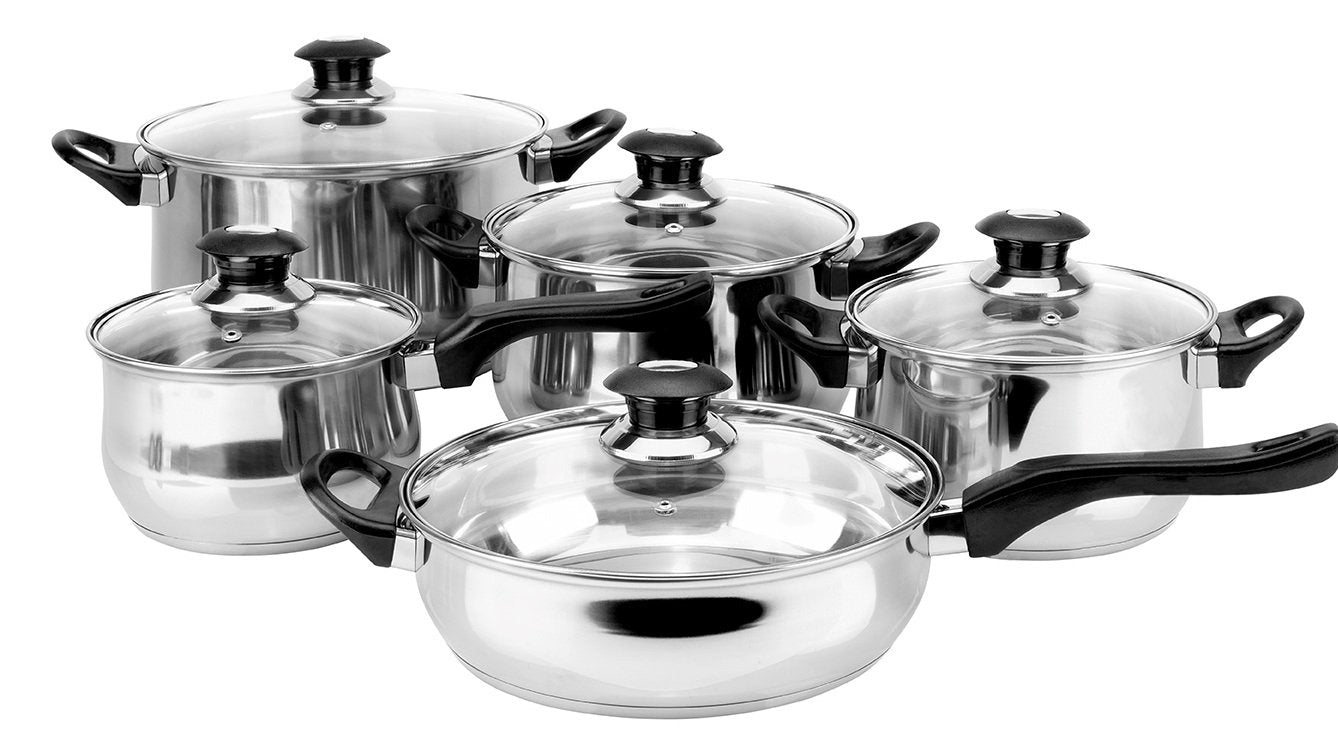 MAGEFESA  Family 10 Piece Cookware Set, Crafted from Stainless Steel, Easy to Clean and Dishwasher Safe, Soft-Touch Bakelite Han