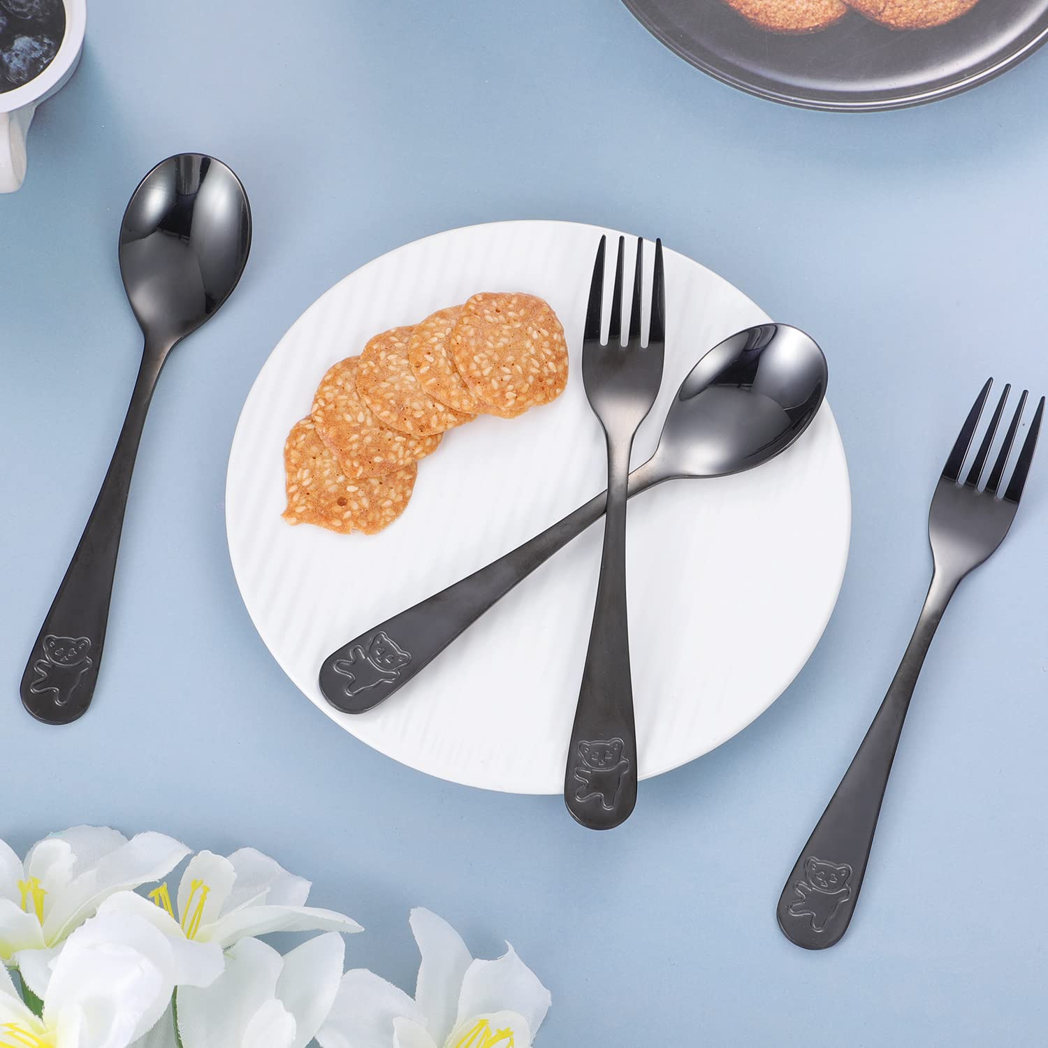 Pimoys Kids Silverware Set - 6 Pieces Stainless Steel Utensils, Engraved Bear, Black