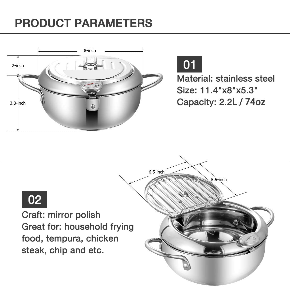 Eamate Tempura Fry Pot, Stainless Steel Tempura Deep Fryer With Thermometer, 8 Inches, Mini Size Perfect For 2-3 People