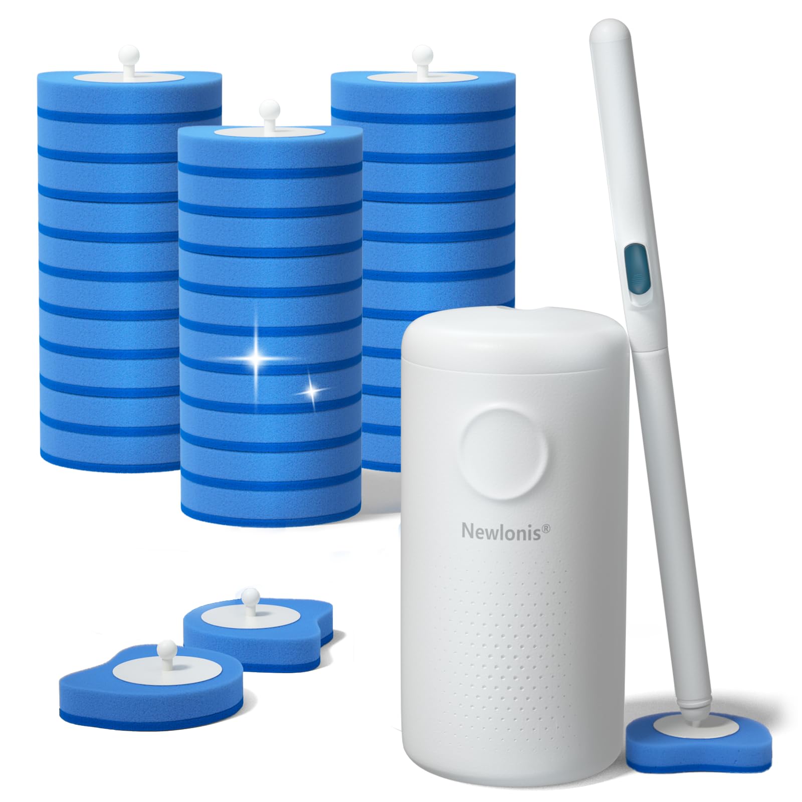 Newlonis Disposable Toilet Brush with 32 Refills, Wall-Mounted Toilet Bowl Cleaning Wand, Toilet Brush and Holder Set