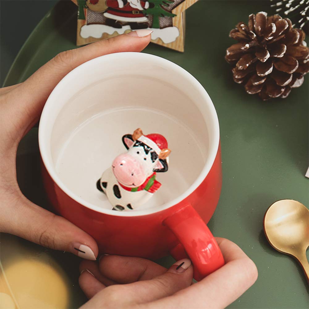 Cute Christmas Cow Ceramic Mug Unique Hand Painted Novelty 3D Animal cups,Personalised chocolate Tea Milk Mugs,for Weddings, Bir