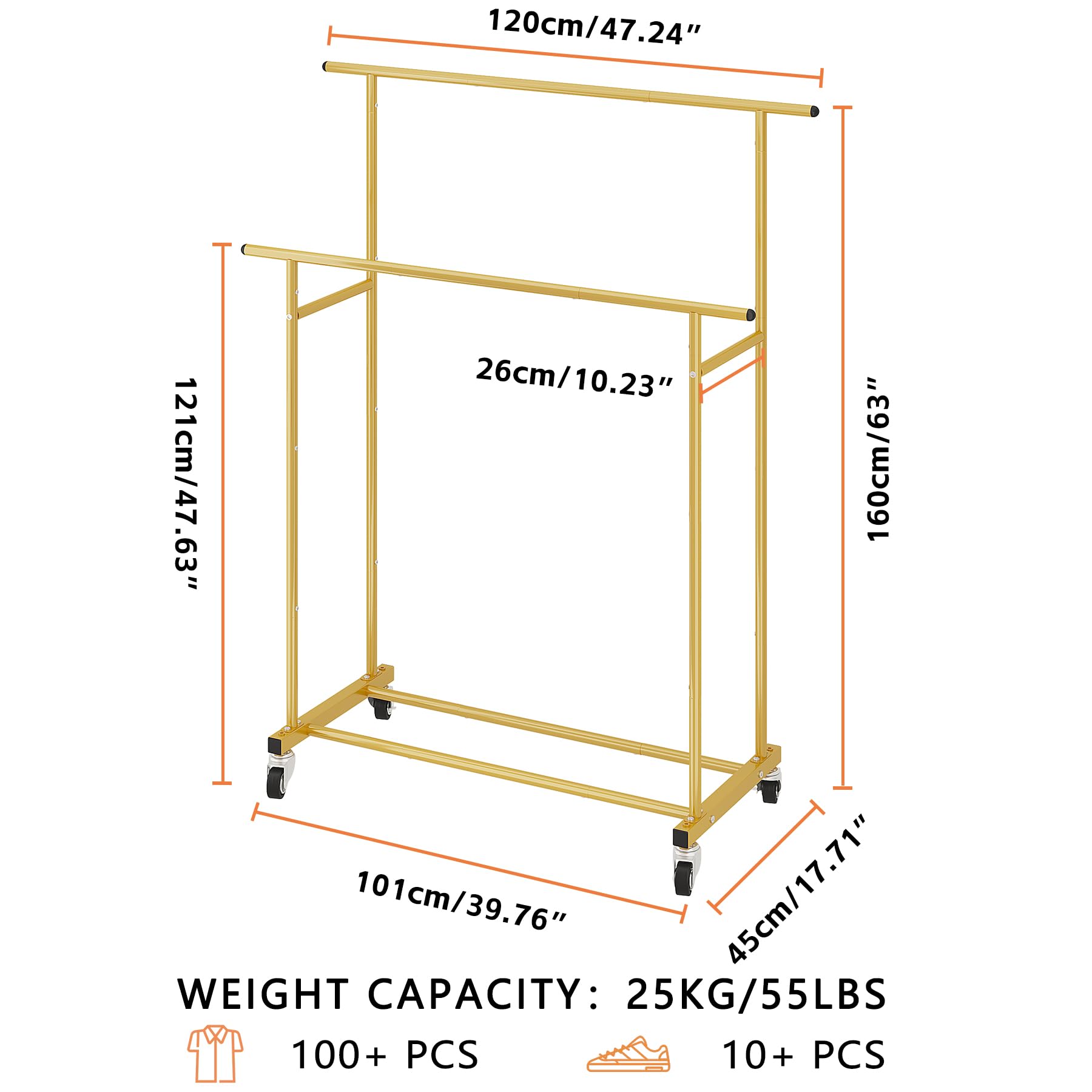Calmootey Double Rod Clothing Garment Rack Rolling Hanging Clothes Rack Portable Clothes Organizer for Bedroom Living Room Clothing Store Gold