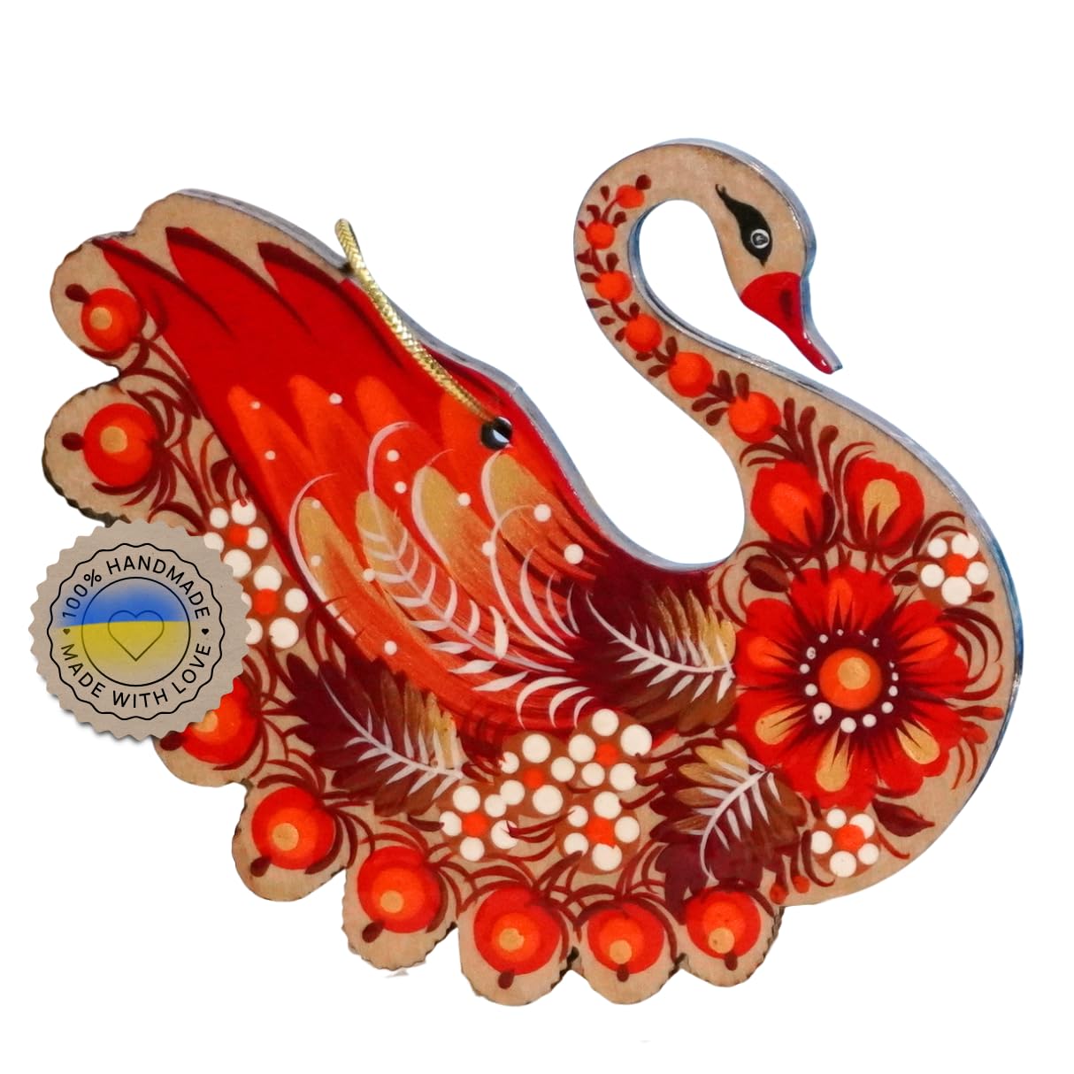 Tree Ornament Swan Wooden Handcrafted Petrykivka Painting Ukrainian Christmas Decoration 3.5 x 3.5 x 0.2