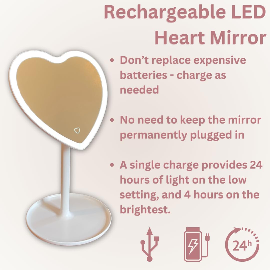 White Heart Mirror With Lights And Storage Tray. Rechargeable Heart Shaped Mirror For White Room Decor. Aesthetic White Mirror F