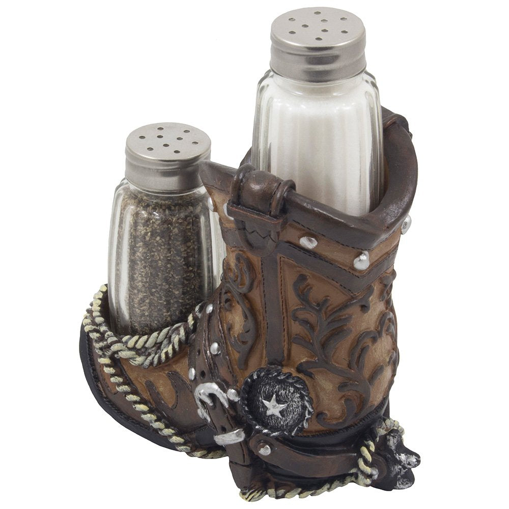 Home 'n Gifts Cowboy Boot Salt and Pepper Shaker Set, Brown Resin Figurine with Spur & Texas Star for Western Kitchen Decor