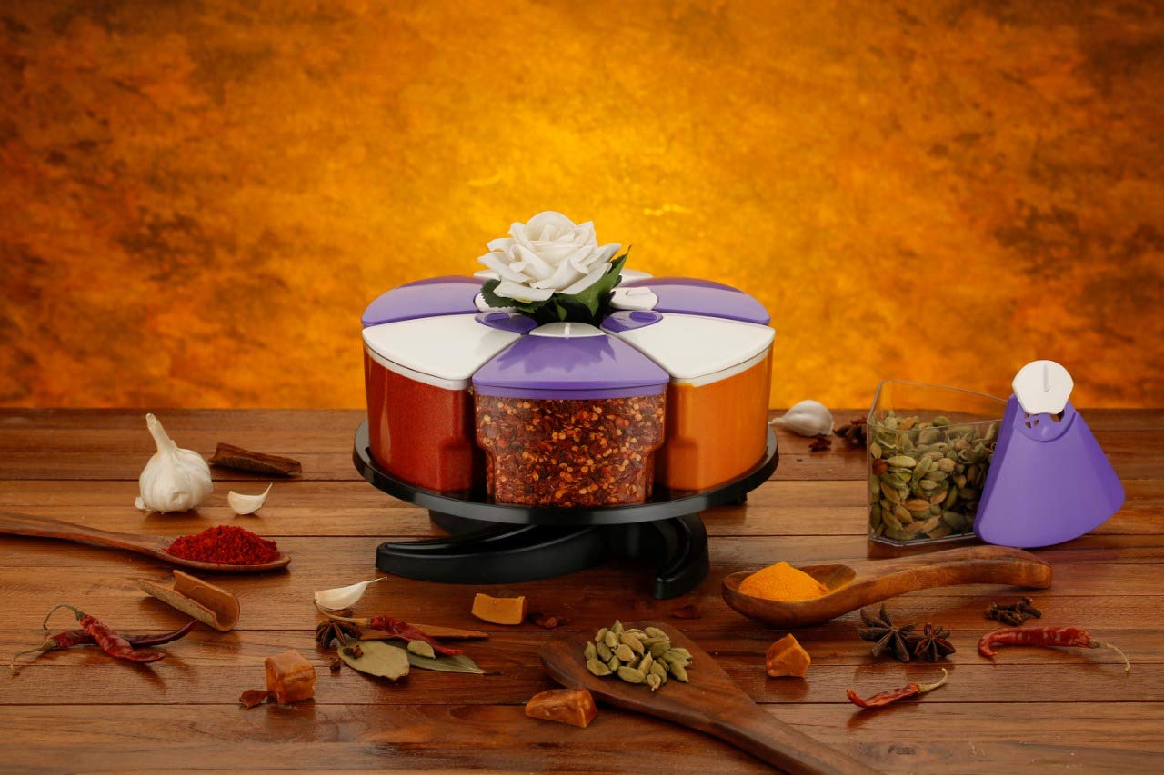 Dcloud Hub 360 Degree Revolving Round Shape Transparent Pack Of 6 Jar Spice Rack/Container 1 Layer Spice Rack Purple