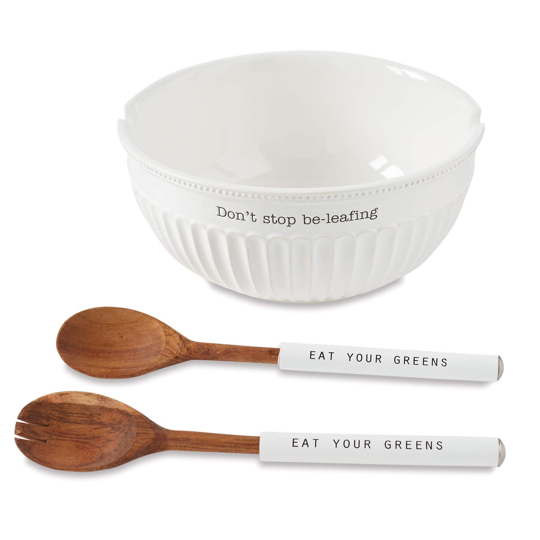 Mud Pie Dolomite, Wood Don'T Stop Be-Leafing Salad Bowl Set, 32 Oz, White, Brown