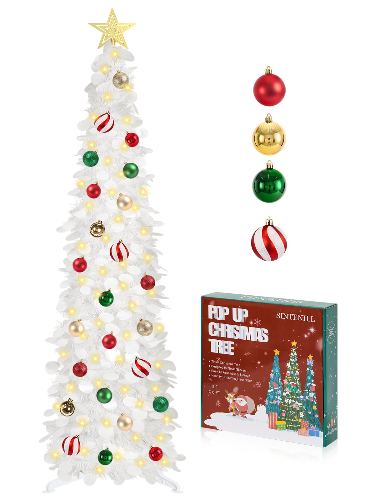 SINTENILL 5 FT Pop Up Christmas Tree with Timer Lights and Decorations, White Artificial Tinsel Christmas Tree with 24 Ball Orna