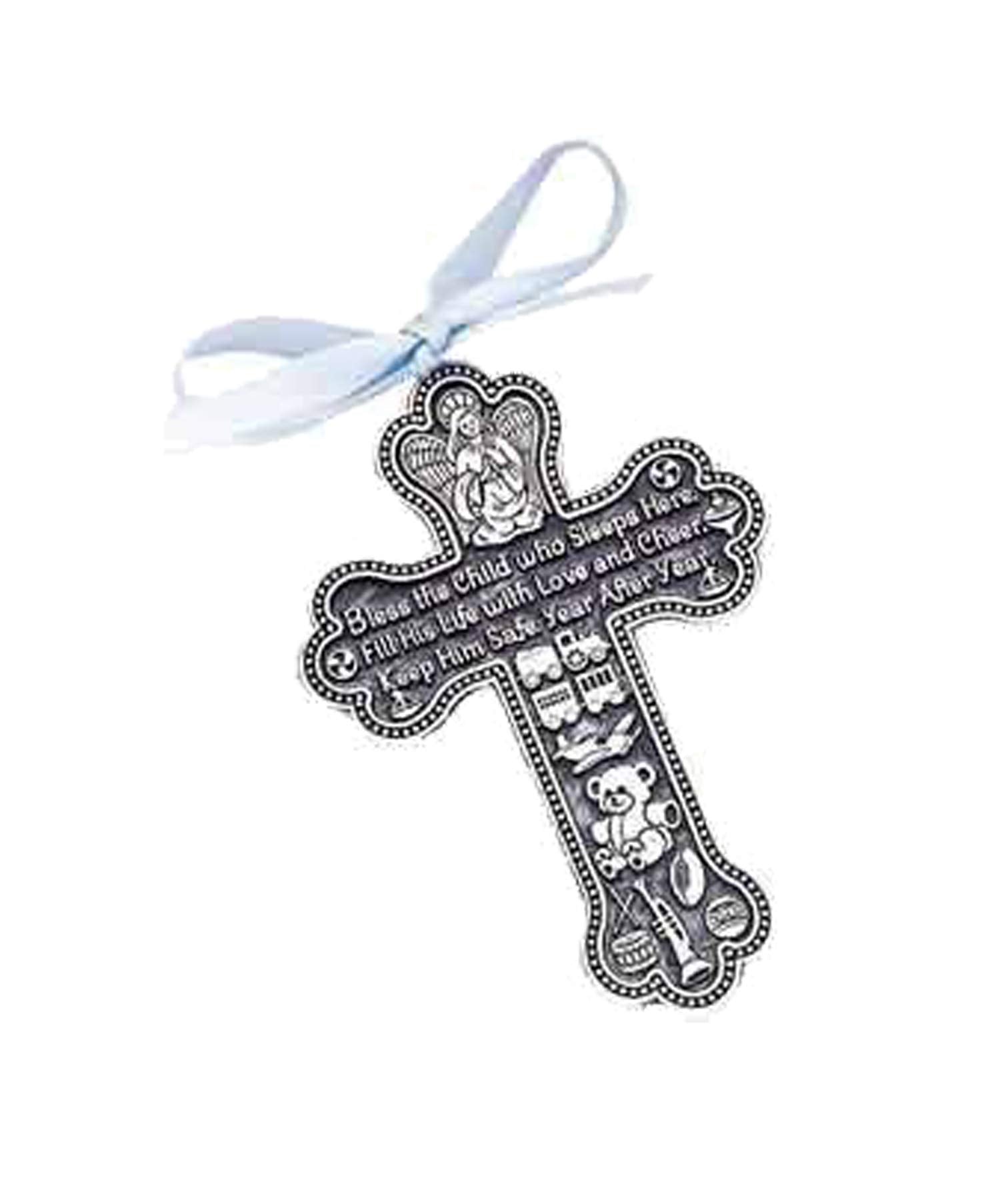 Bless The Child - Guardian Angel Baby Boy Crib Cross Pewter Medal/Christening/Baby Shower Keepsake/Baptism Keepsake/With Blue Ri