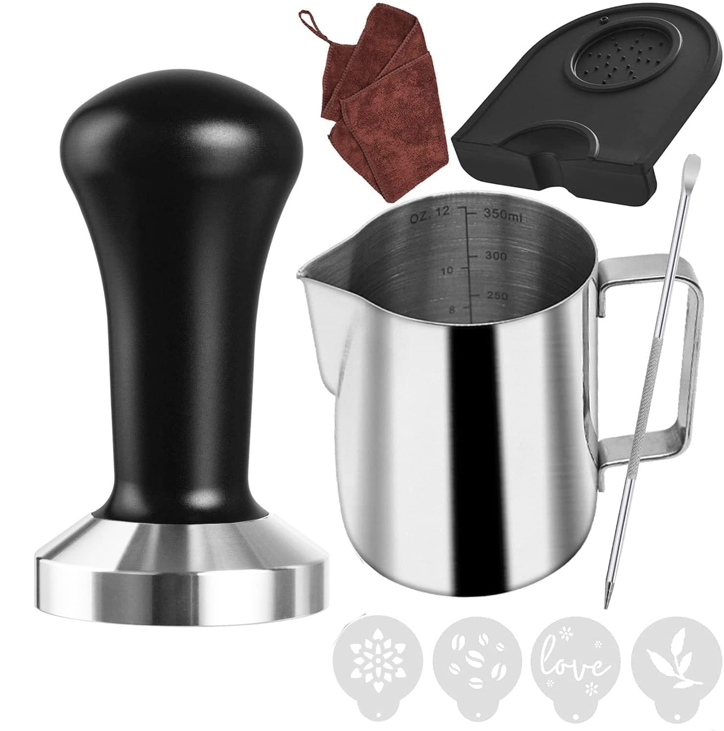 Ezebesta 51 Mm Coffee Tamper Set Coffee Press For Portafilter Machine Espresso Tamper With Tamper Mat, Frothing Pitcher (350Ml/1