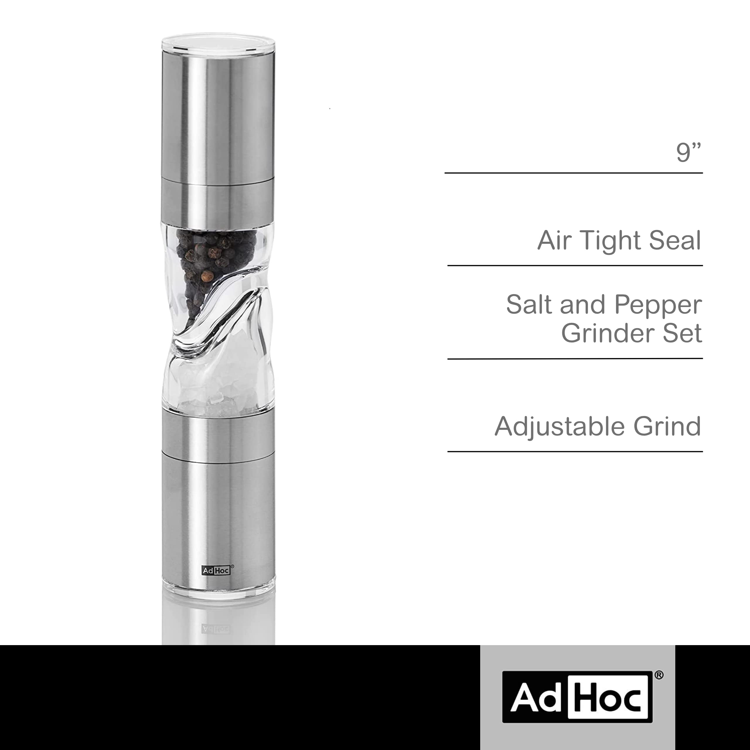 Adhoc Duomill Pure Salt And Pepper Combo Mill - 2-In-1 Salt And Pepper Grinder With Aroma Bottom Cap - Adjustable Grinder - Refi