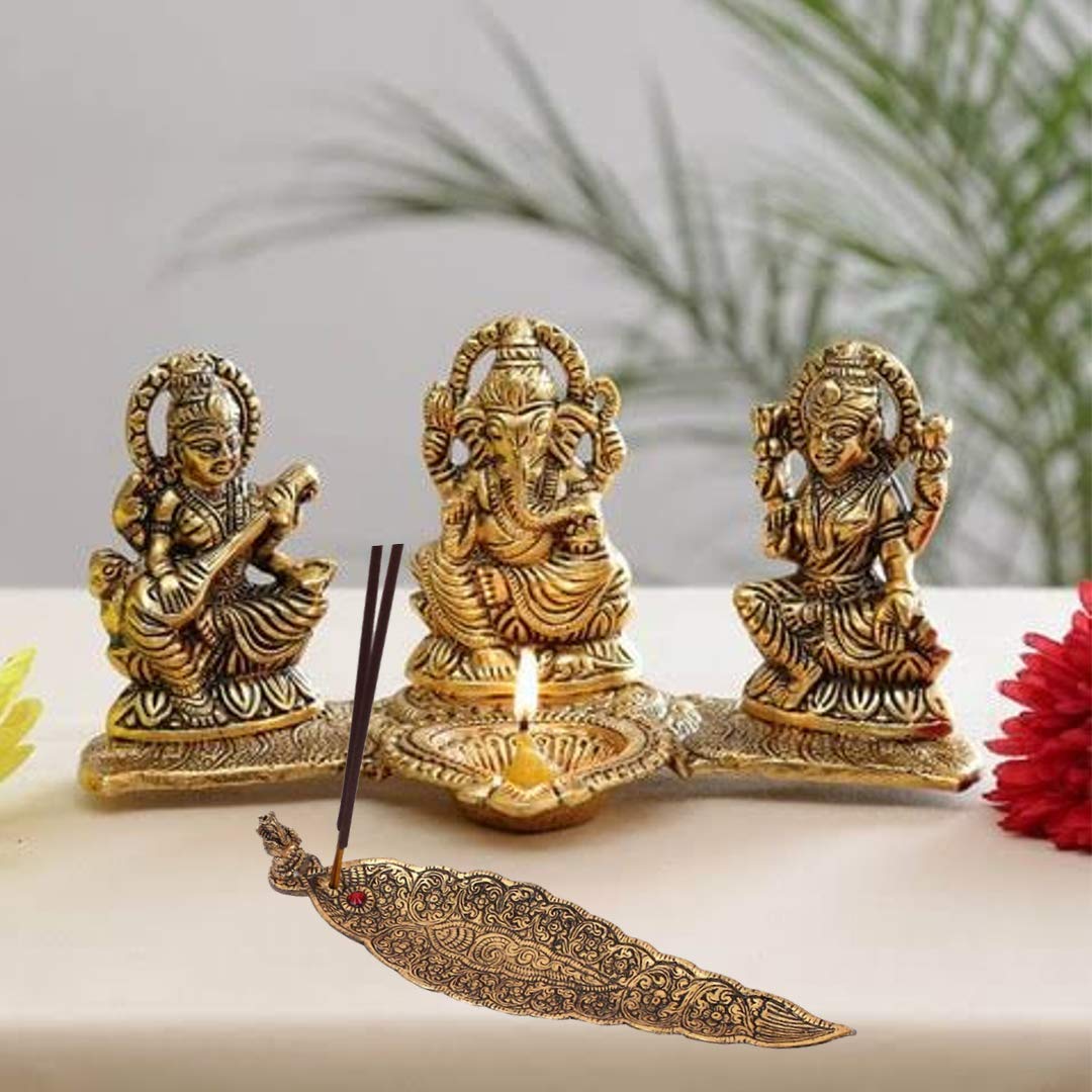 Kridaykraft Laxmi Ganesh Saraswati Idol Decorative Platter With Diya And Agarbatti Stand  Perfect Diwali Gift For Pooja, Home Dc