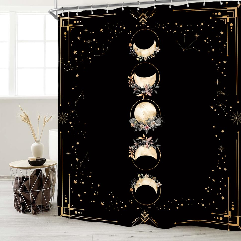Miyotaa Moon Phase Moonlit Gothic Shower Curtain Set 60Wx71H Inches Black Witchy Tarot Mysterious Zodiac Constellation Astrology