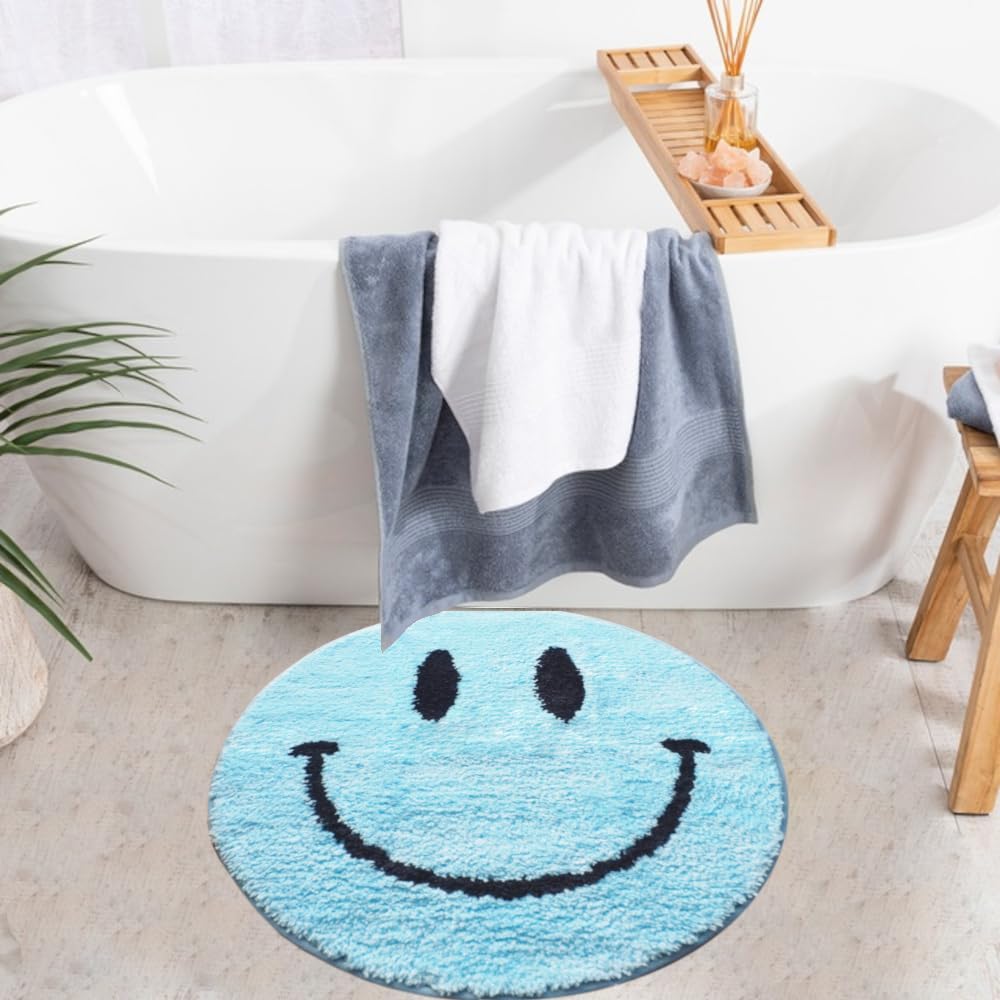 Evovee Blue Bath Mat Rug Funny Happy Cute Bathroom Decor Face Shower Rugs Retro Funky Bedroom Aesthetic Fun Round Preppy Cool Ap