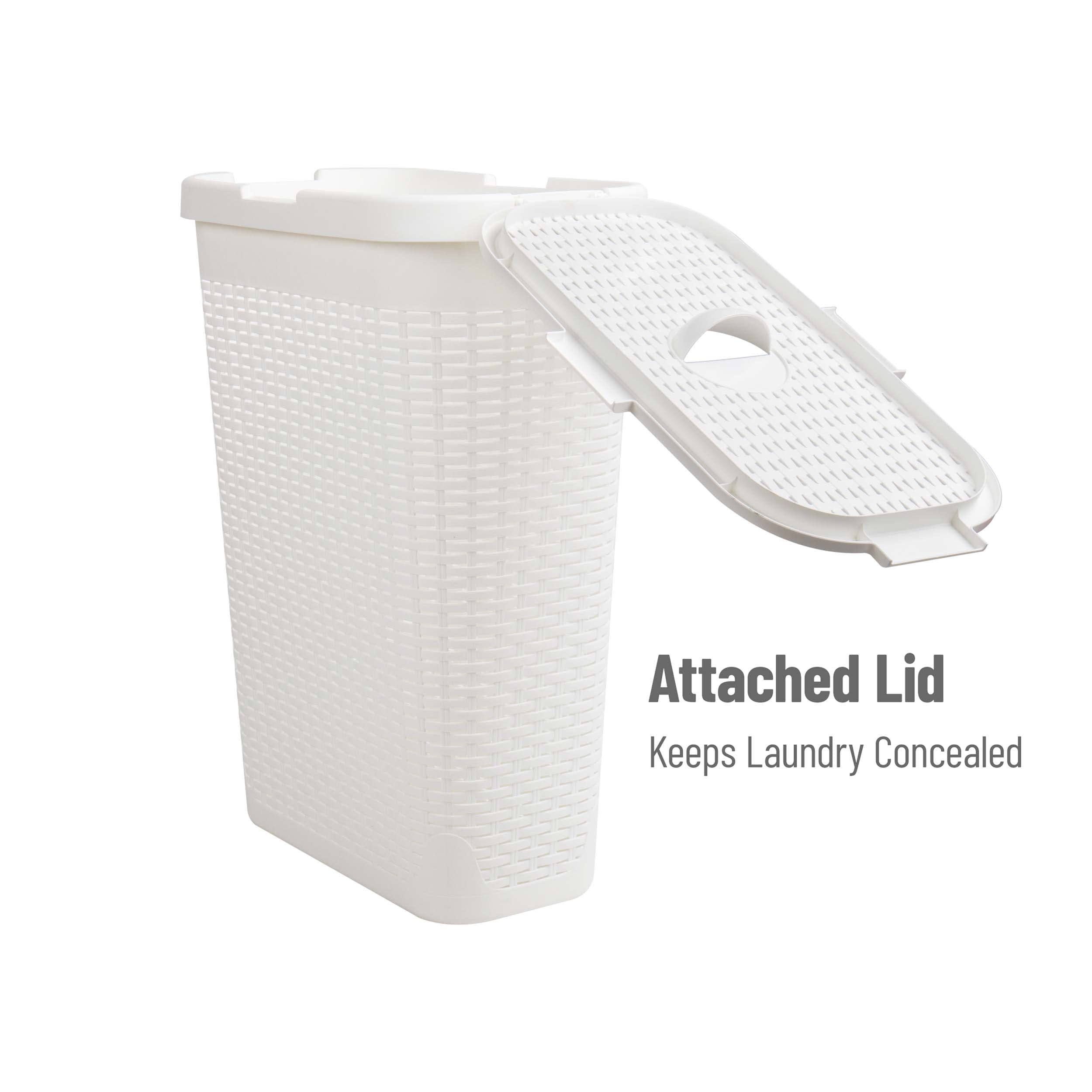 Mind Reader 40L Slim Laundry Hamper, Clothes Basket, Lid, Wicker Design, Plastic, 18''L X 10.4''W X 23.5''H, Set Of 2, White