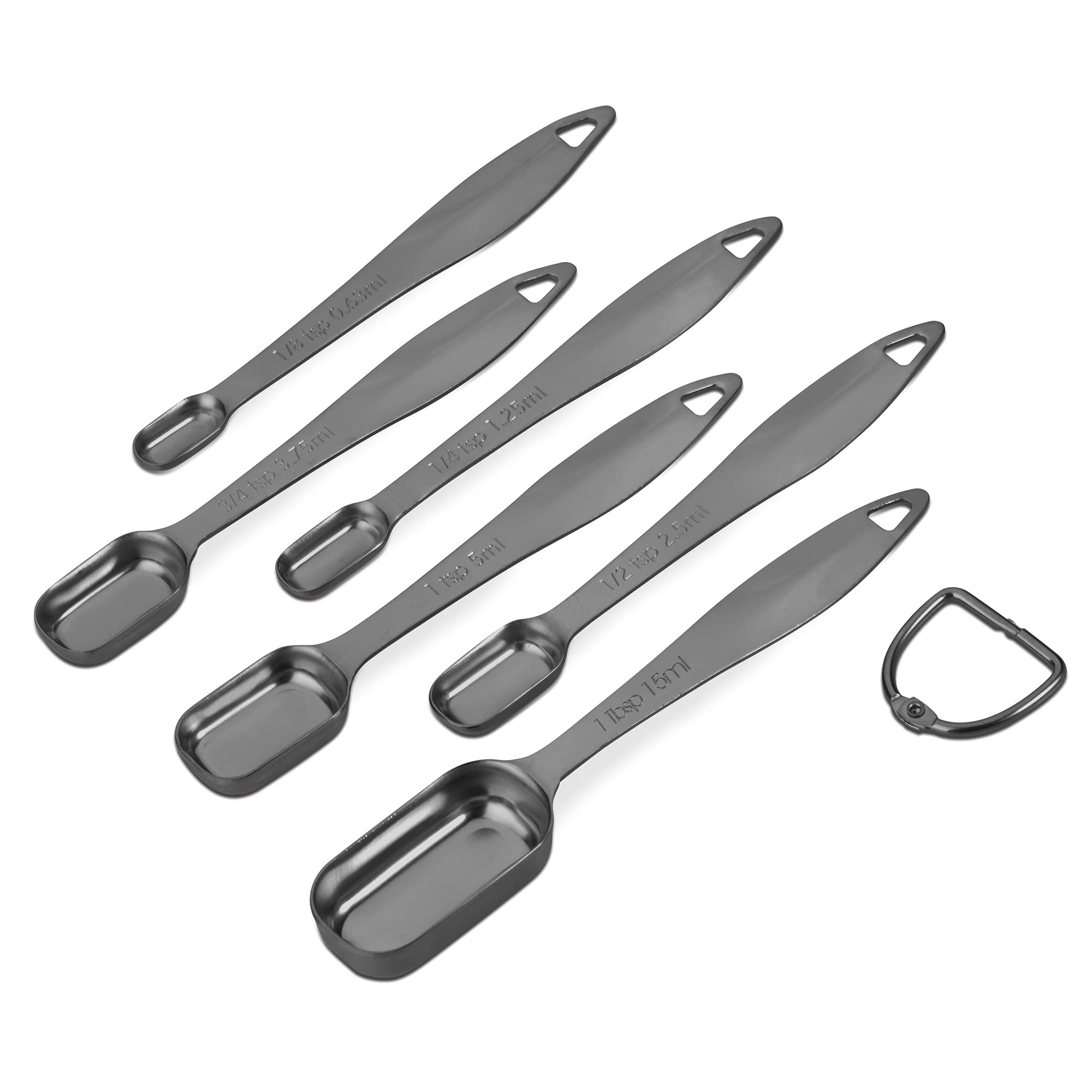 Accurate 18/8 Stainless Steel Measuring Spoons, Heavy Duty Good Handle Set Of 6 Measuring Spoon With Ring Connector, Dark Grey