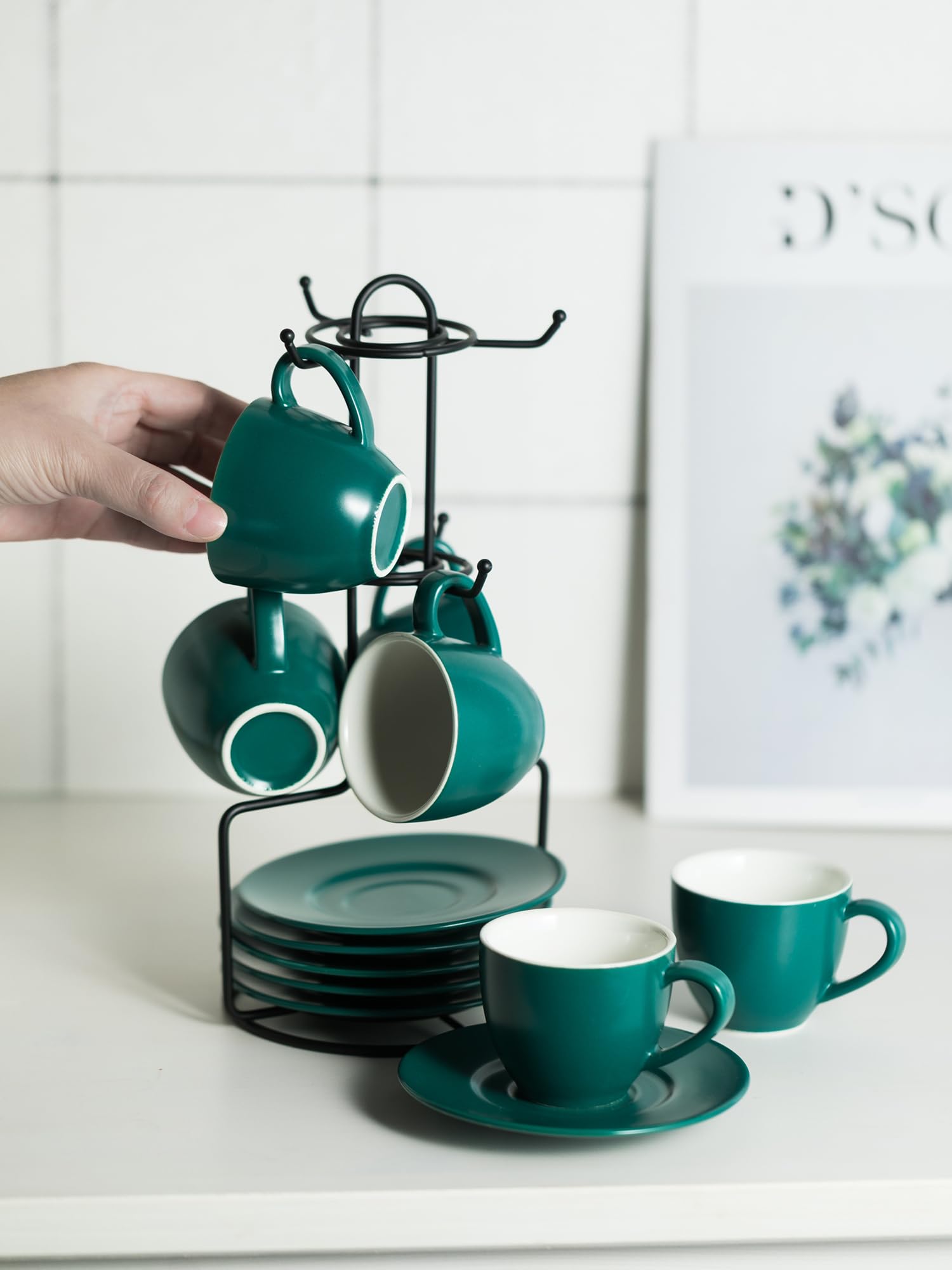 Yhosseun Ceramic Espresso Cups And Saucers Set With Metal Rack, 3 Oz Espresso Cups Set Of 6 - Small Coffee Cups Demitasse Cups F