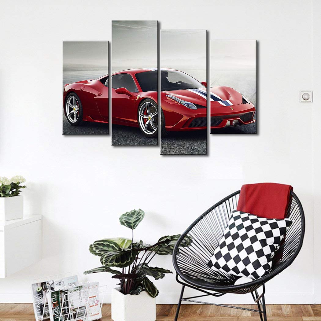 Meigan Art- 4 Pieces Red Sports Car Wall Art Picture Home Decoration Living Room Canvas Print Painting Wall Picture