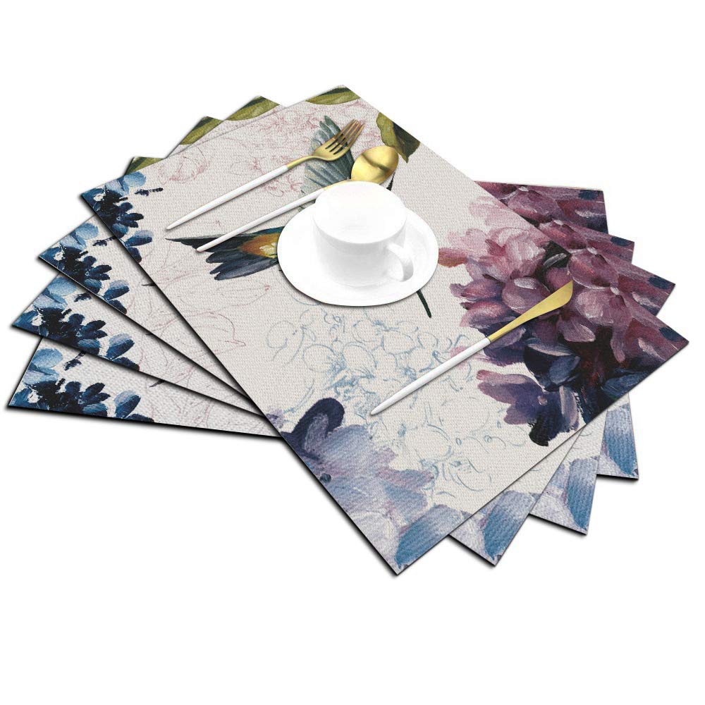 Hummingbird Placemats Set Of 4, Hummingbird Watercolor Painting Placemats Heat Resistant For Dining Table Non-Slip 18X12 Inches