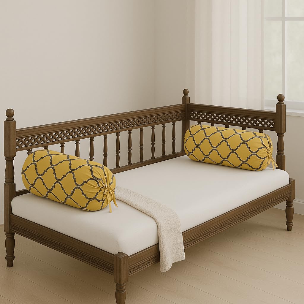 Trance Home Linen Cotton Bolster Cover Set, 16X32 In, 200 Tc, Bed Side Long Pillow Case, Soft & Comes With Adjustable Tie, (Dori