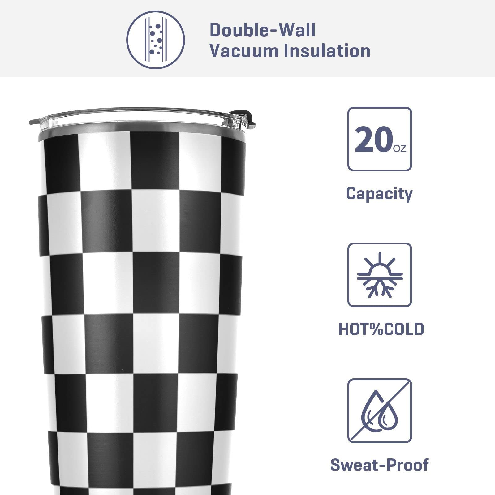 Cataku 20Oz Checkered Flag Racing Tumbler Cup With Lid And Straw Black And White Plaid Stainless Steel Vacuum Insulated Double W