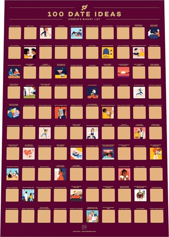 Enno Vatti 100 Dates Scratch Off Poster - Perfect Couple Gift with Fun Date Ideas - 6.5'' x 23.4'' - Lovely Engagement or Valentines Day Gift for Him or Her - Scratch and Discover New Possibilities