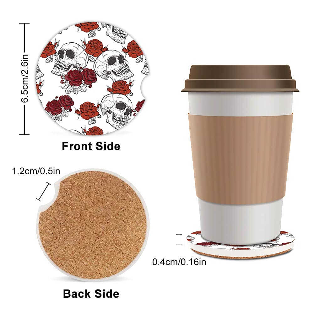 Cool Skull Rose Flowers Dog paw Absorbent Cup Holders Car Coasters Ceramic Stone Drinks Coaster Set for Women Man 2.56''(2 Pack)