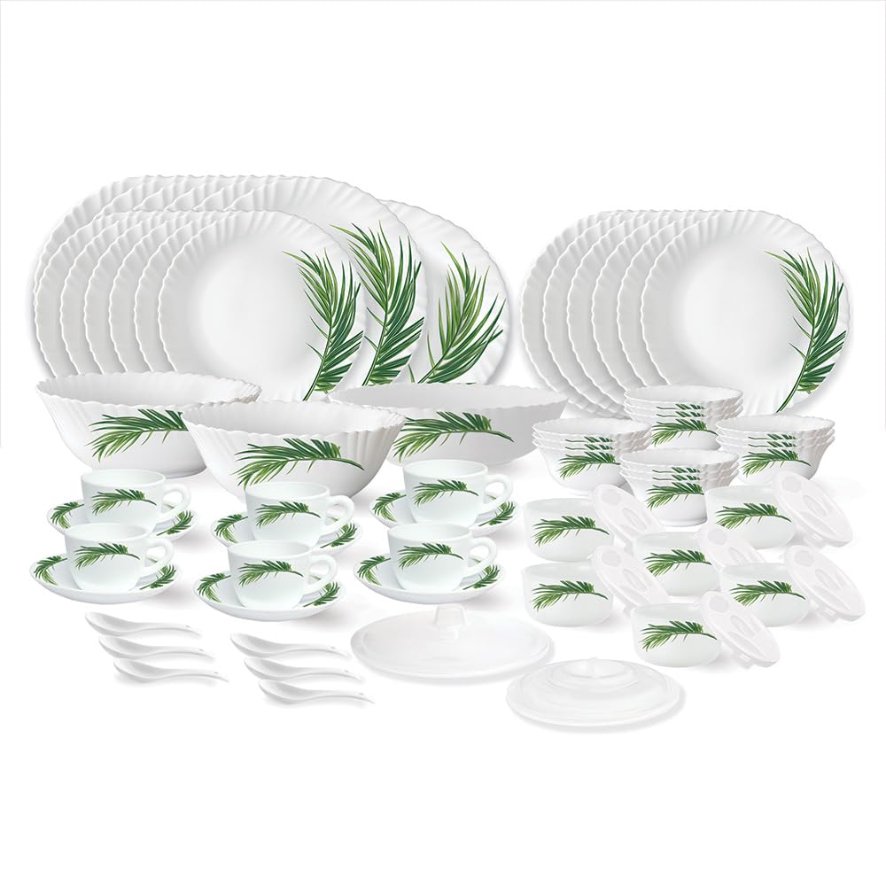 Larah By Borosil Crescent Fluted Series Opalware Dinner Set | 66 Pieces For Family Of 6 | Microwave & Dishwasher Safe | BoneAsh