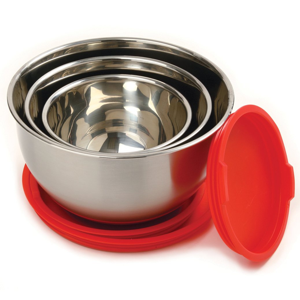 Norpro 3-Piece Stainless Steel Grip Bowls With Lids, Red