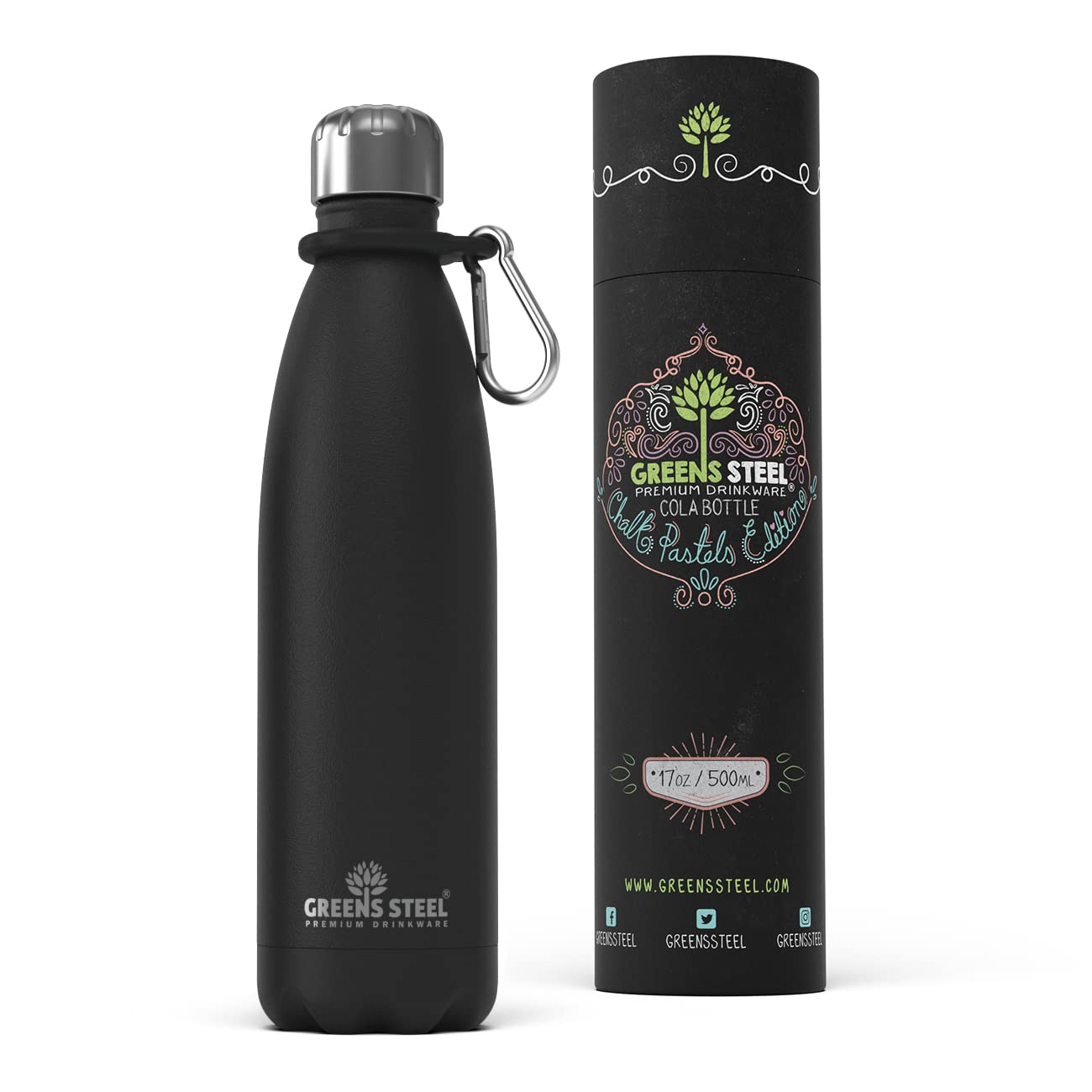 Greens Steel Stainless Steel Water Bottle - 17 Oz, Black | Vacuum Insulated Double Wall With Screw Lid/Leak Proof | Thermal Trav