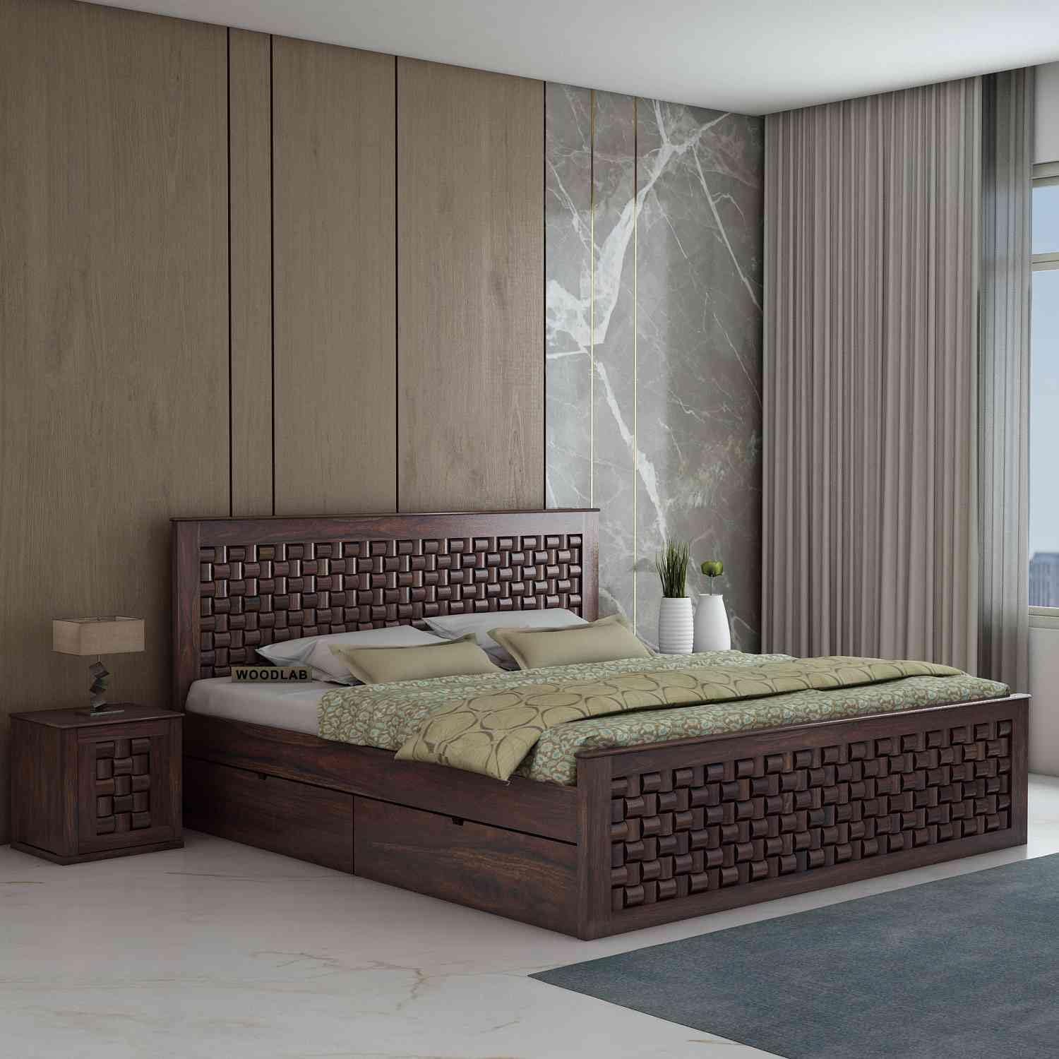 Woodlab Furniture Solid Sheesham Wood King Size Bed For Bedroom 4 Drawer Storage Wooden Double Beds For Living Room Guest Room C