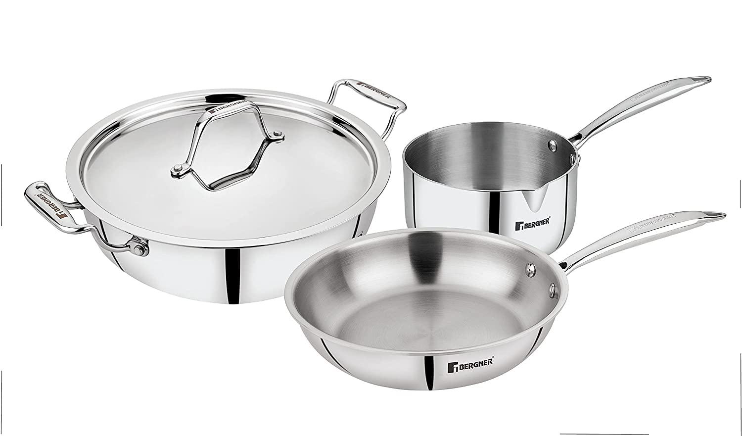 Bergner Argent Triply Stainless Steel 4 Pc Cookware Set Of 16 Cm / 1 Ltr Saucepan, 24 Cm / 2.5 Ltr Kadai With Lid And 22 Cm Fryp