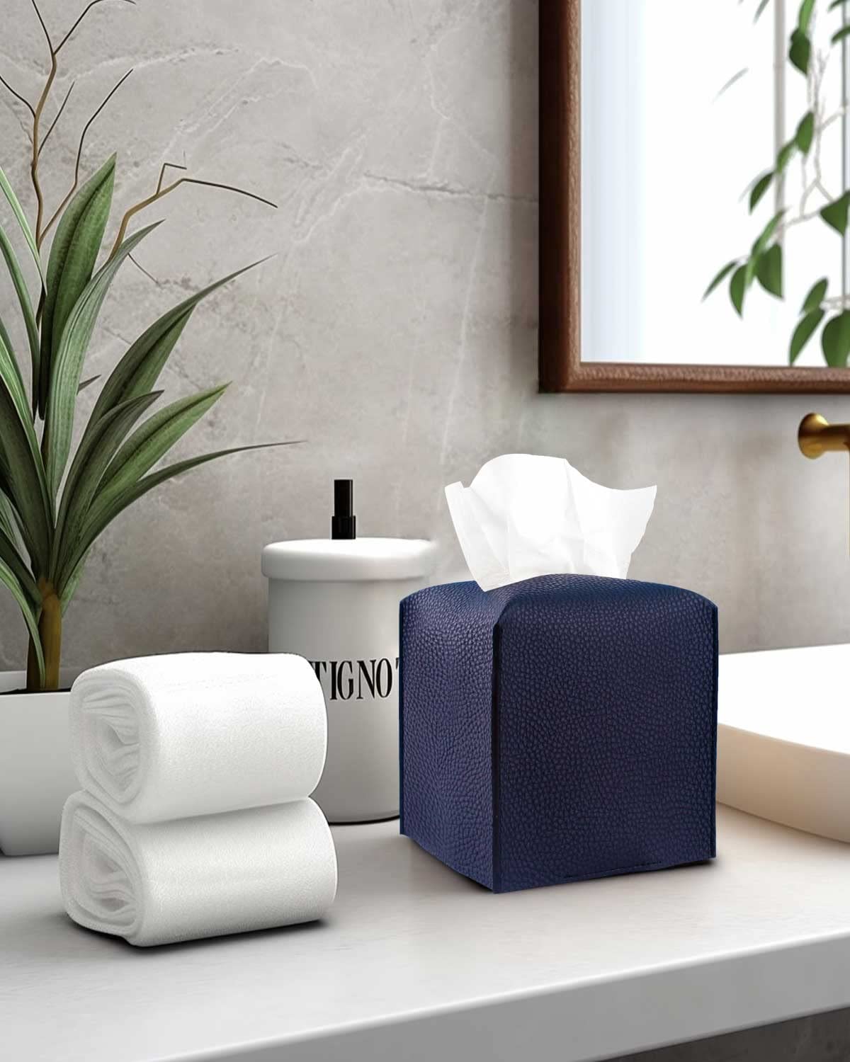 Tissue Box Cover Square Leather - Tissue Box Holder With Bottom Belt [Jesmini, Navy Blue] Decorative Cube Tissue Holder For Bath