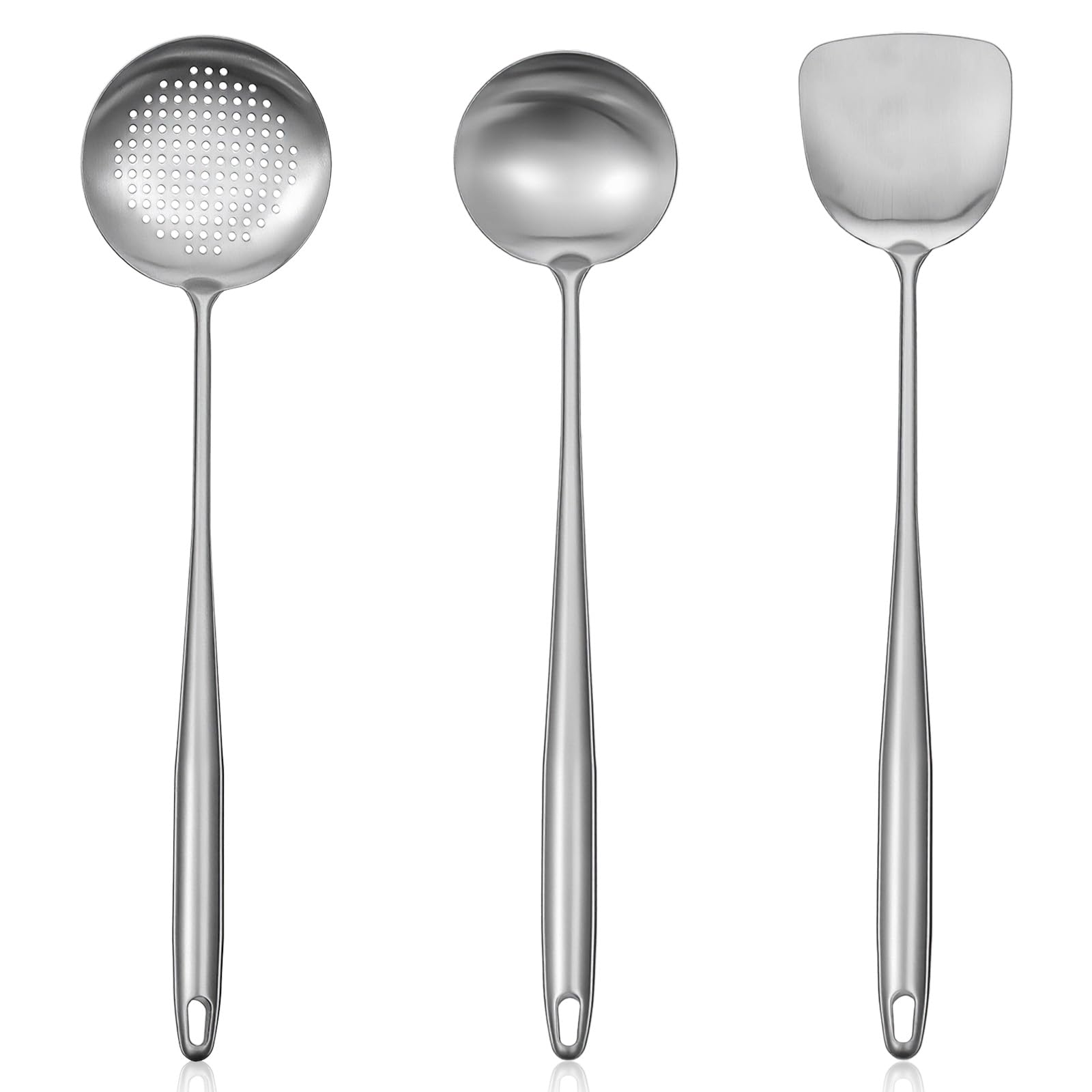 17 Wok Spatula and Ladle, Skimmer Spoon,Stainless Steel Wok Tools Professional Set,3pcs Extra Long Handle Cooking Tools, Meta