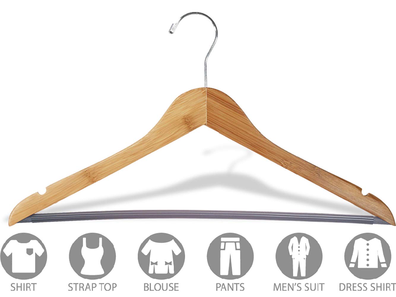 Bamboo Suit Hanger With Black Vinyl Bar, Eco-Friendly 17 Inch Flat Wooden Hangers With Lacquer Finish & Chrome Swivel Hook For (