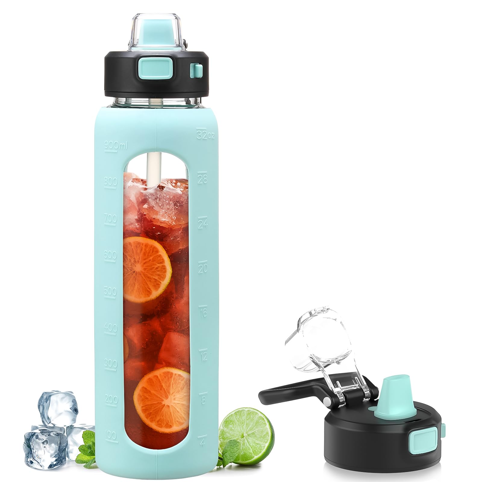 Kodrine Water Bottle with Soft Straw and Carry Loop, 32 oz Glass Water Bottle with Locking Lid, Clear Water Bottles Sports, Drin